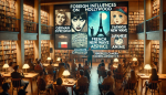 DALLE 2025 02 03 17.37.44 A movie club event in a cozy library setting with people seated and attentively watching a large screen. The screen showcases a cinematic collage repr